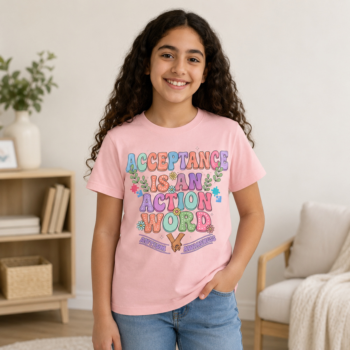 Youth Tee — "Acceptance is an Action Word" Rainbow Pride Kids T-Shirt