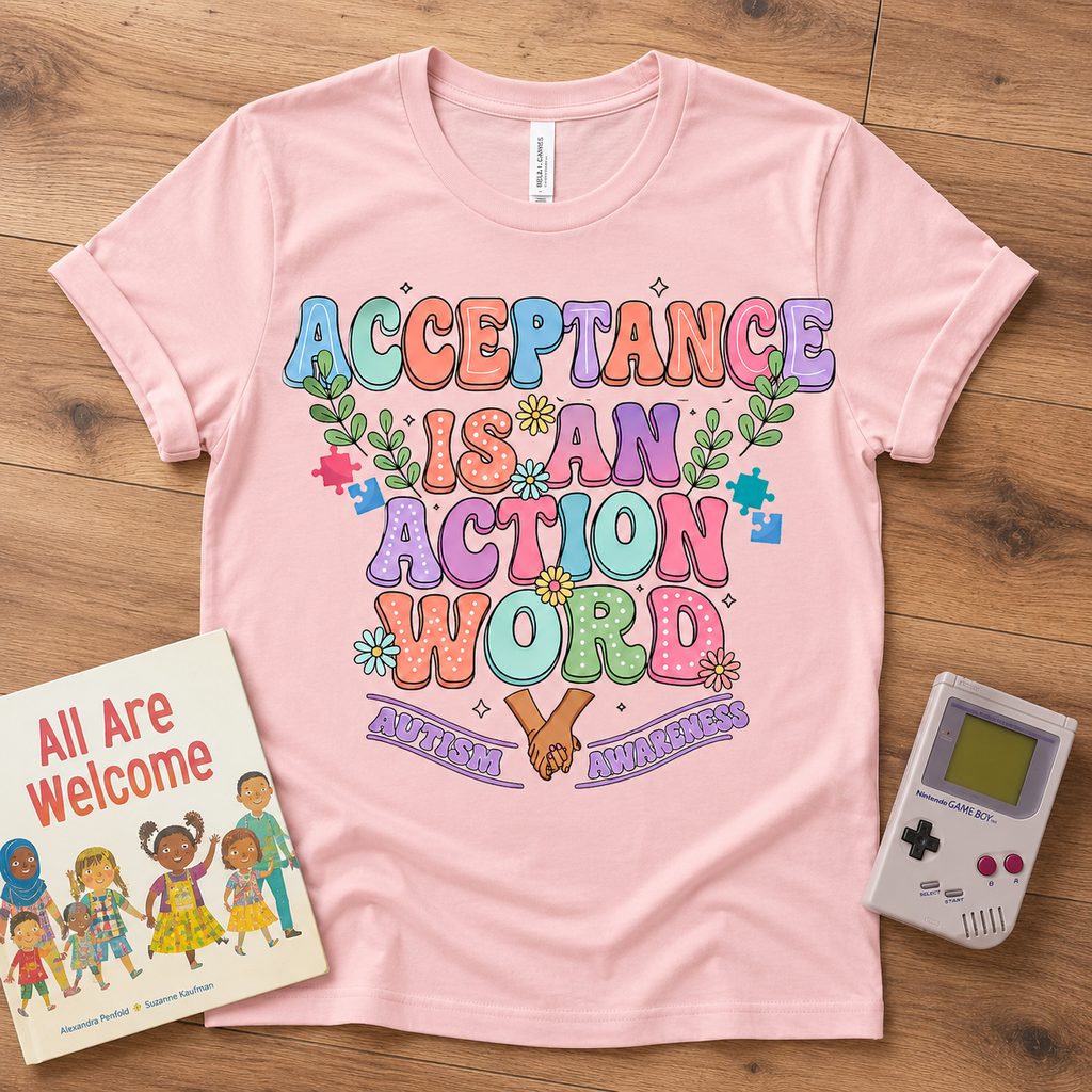 Youth Tee — "Acceptance is an Action Word" Rainbow Pride Kids T-Shirt