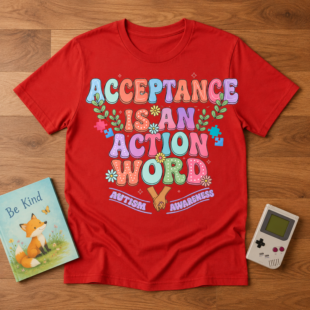 Youth Tee — "Acceptance is an Action Word" Rainbow Pride Kids T-Shirt