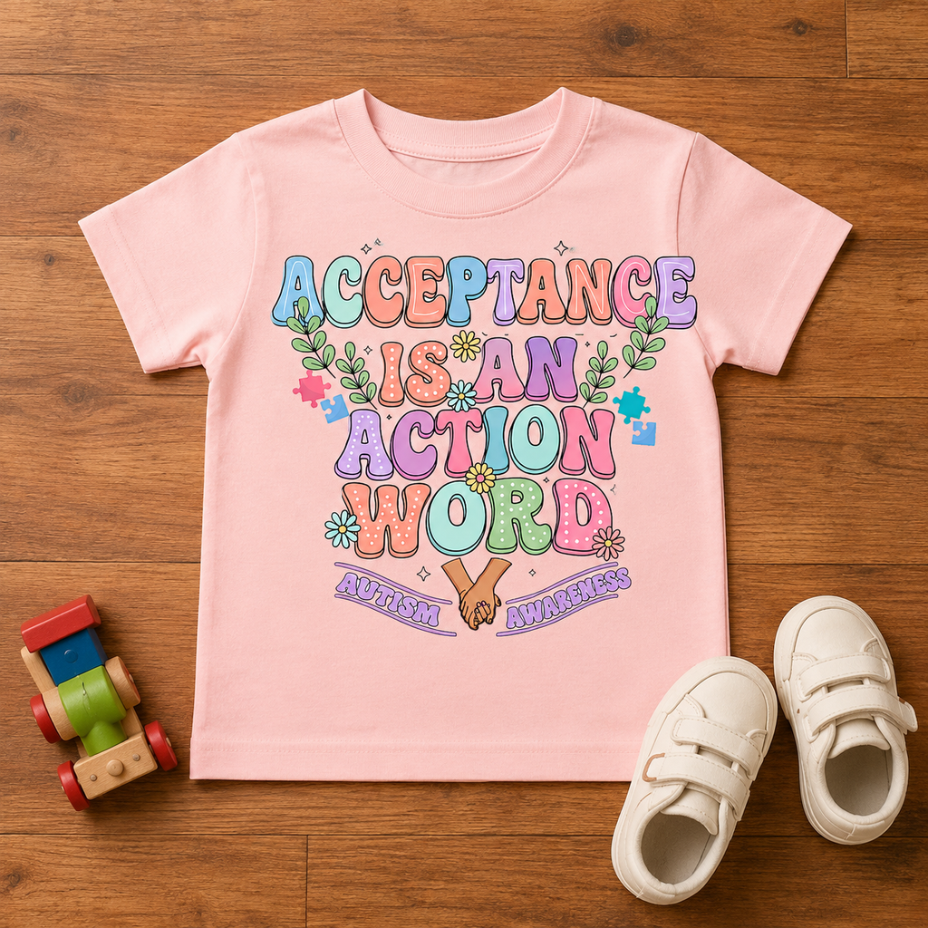 Toddler Tee — "Acceptance Is An Action Word" Pastel Pride Graphic