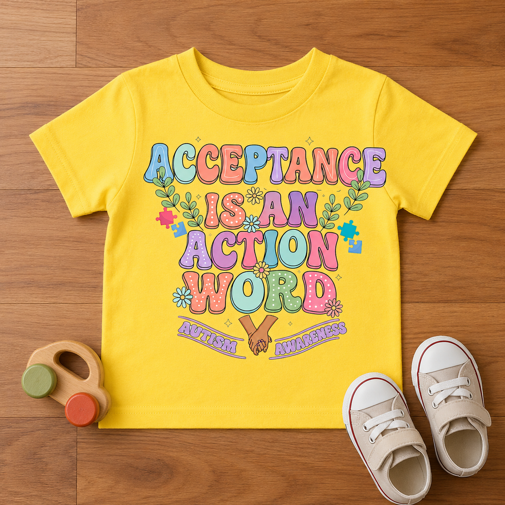 Toddler Tee — "Acceptance Is An Action Word" Pastel Pride Graphic