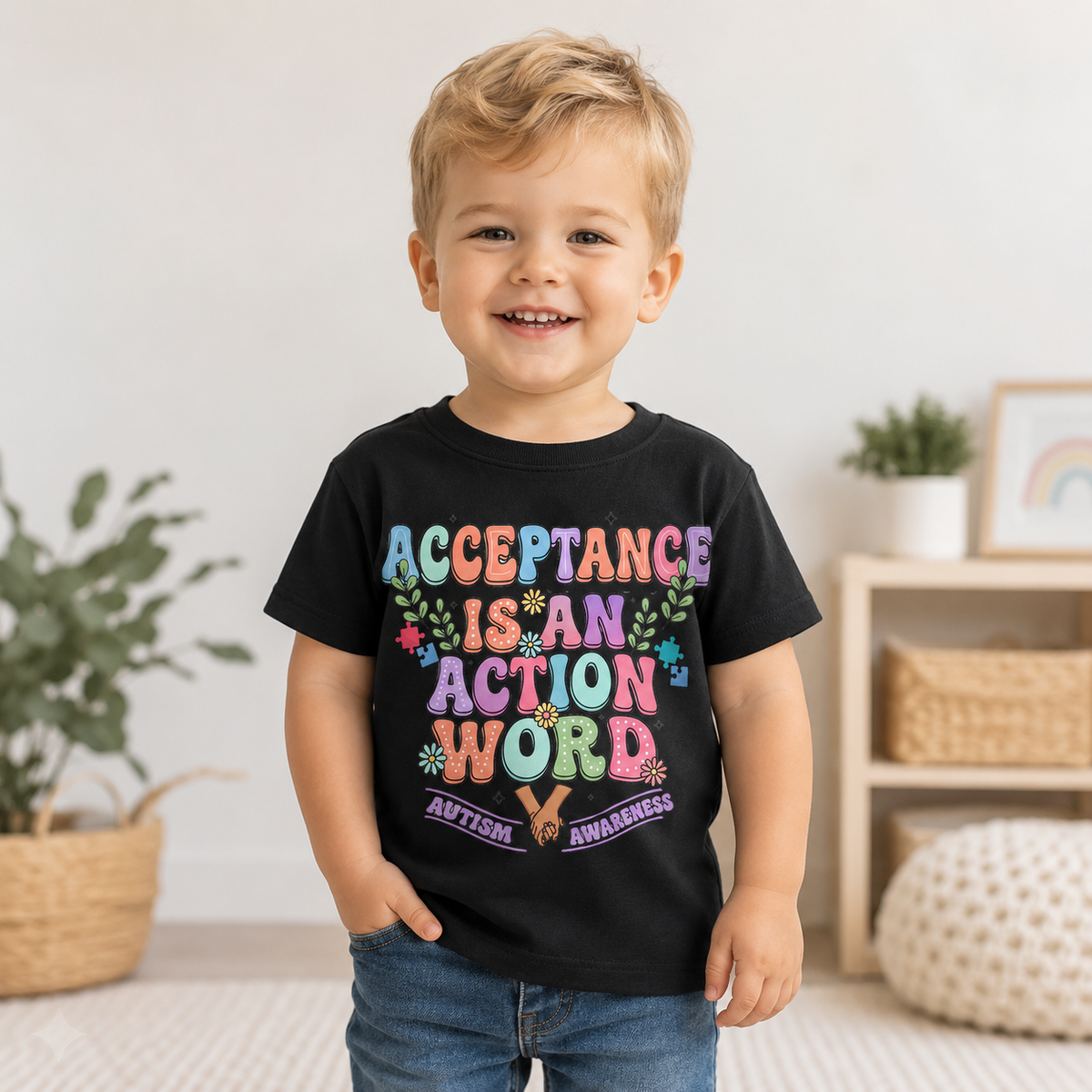 Toddler Tee — "Acceptance Is An Action Word" Pastel Pride Graphic