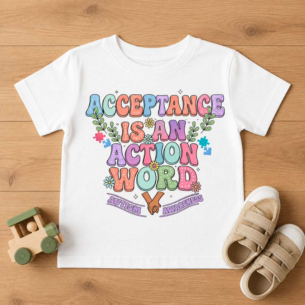 Toddler Tee — "Acceptance Is An Action Word" Pastel Pride Graphic