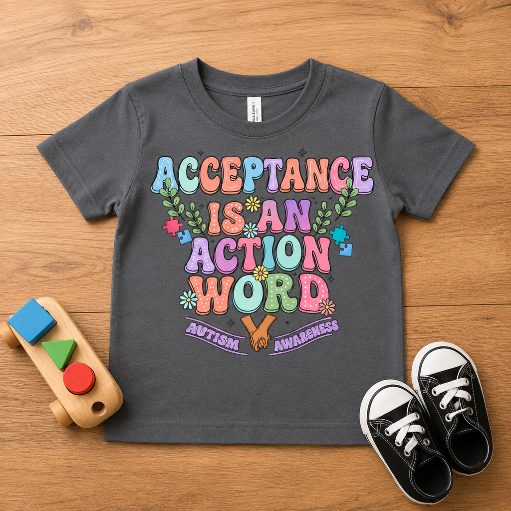 Toddler Tee — "Acceptance Is An Action Word" Pastel Pride Graphic
