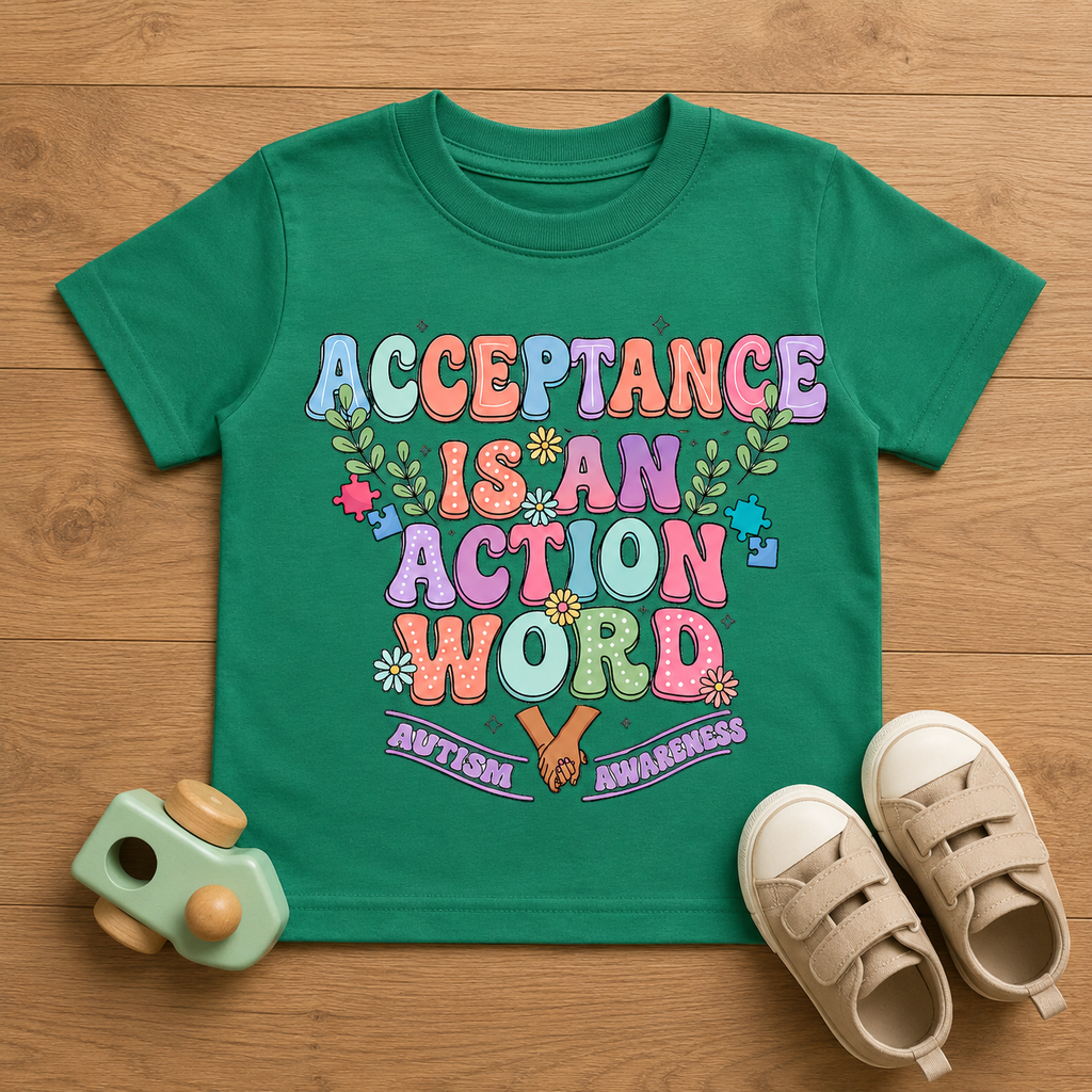 Toddler Tee — "Acceptance Is An Action Word" Pastel Pride Graphic