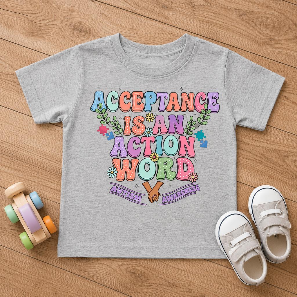 Toddler Tee — "Acceptance Is An Action Word" Pastel Pride Graphic