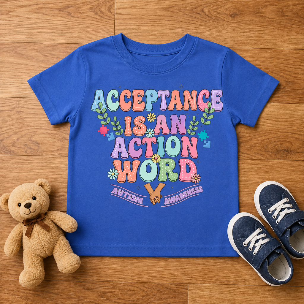Toddler Tee — "Acceptance Is An Action Word" Pastel Pride Graphic
