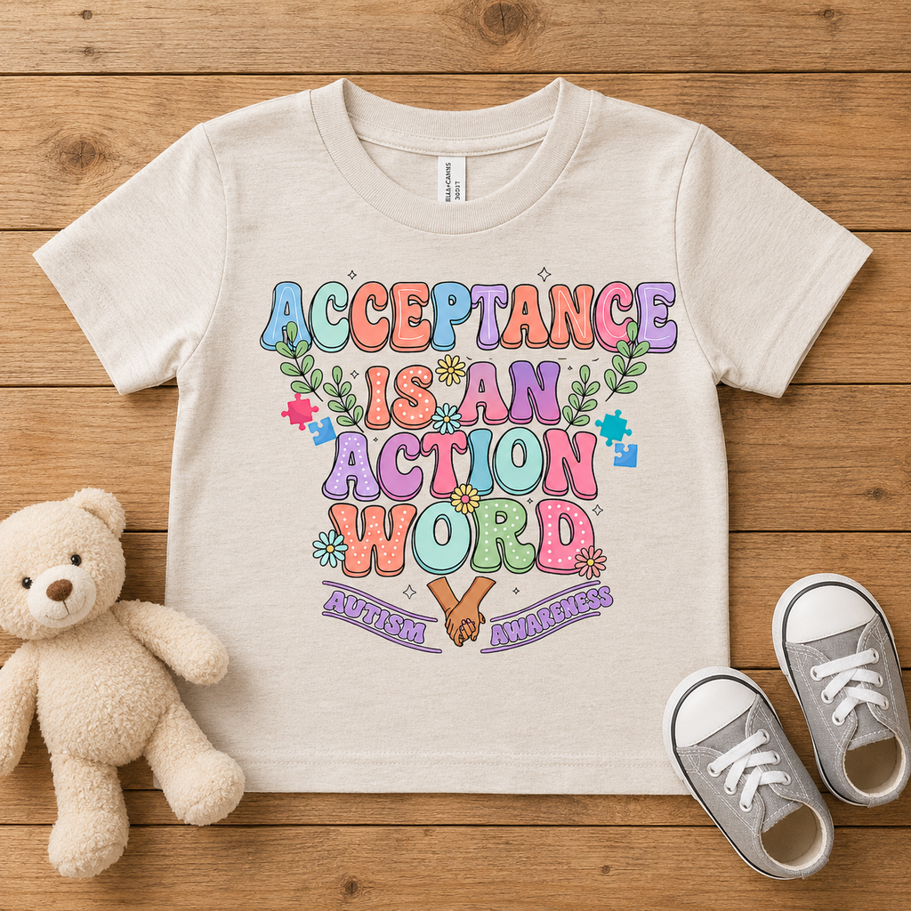 Toddler Tee — "Acceptance Is An Action Word" Pastel Pride Graphic