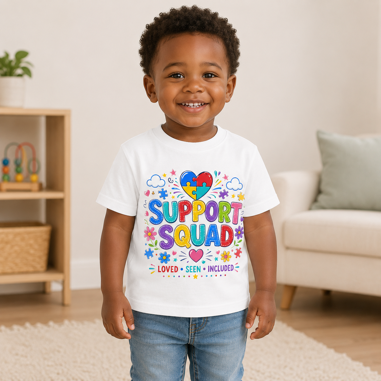 Support Squad Toddler Tee — Colorful Autism Awareness Kids Shirt (Loved • Seen • Included)