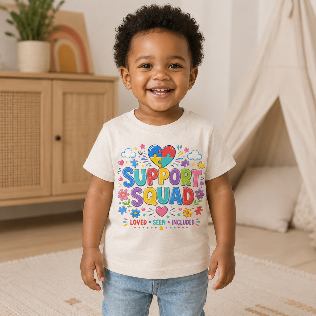 Support Squad Toddler Tee — Colorful Autism Awareness Kids Shirt (Loved • Seen • Included)