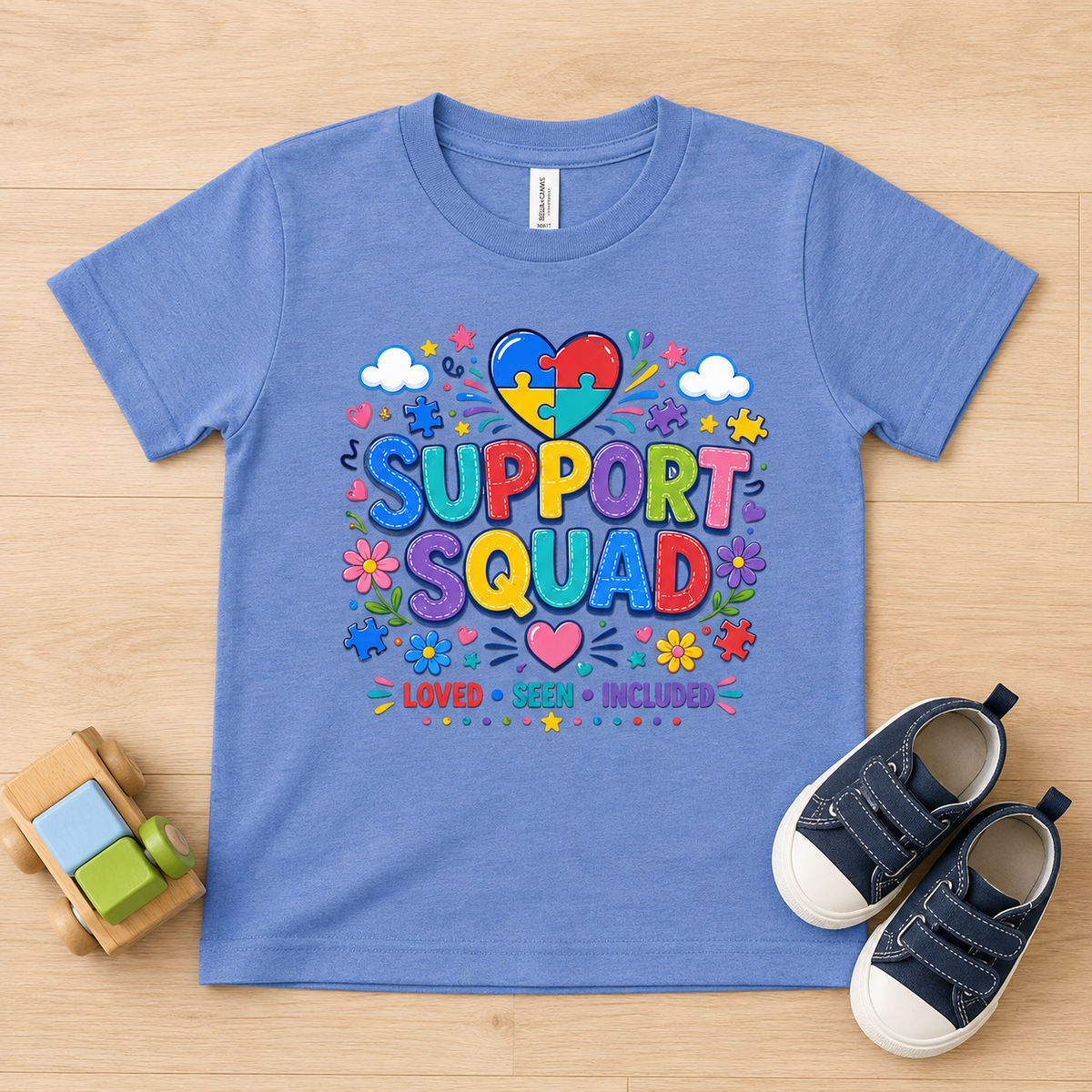 Toddler Tee — "Support Squad" Colorful Autism Awareness Kids Shirt (Loved • Seen • Included)