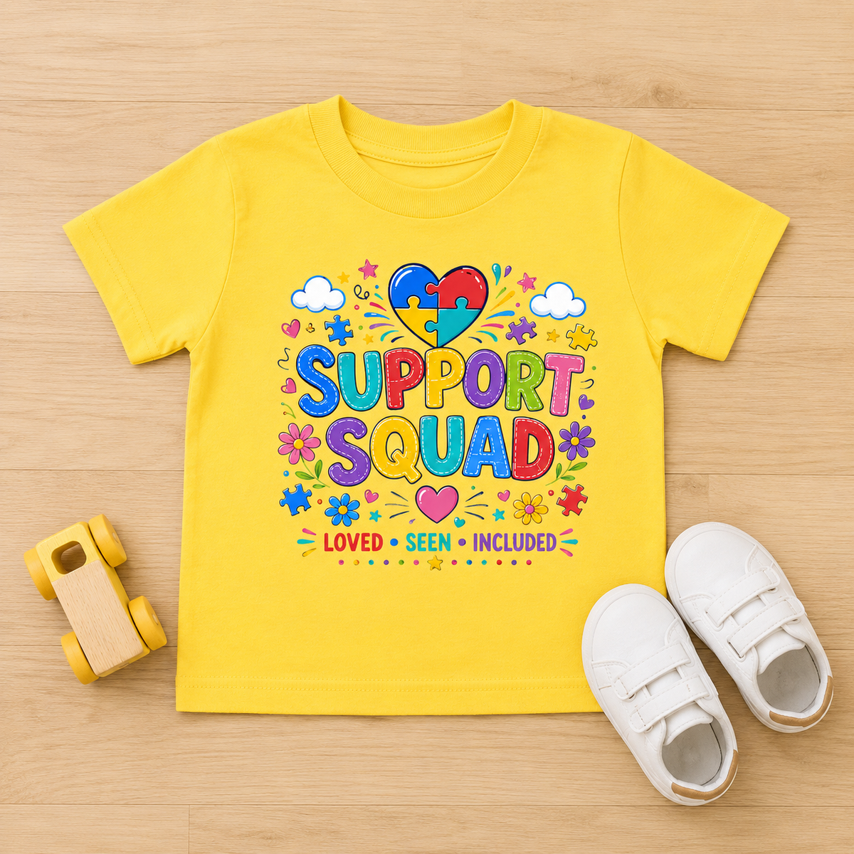 Toddler Tee — "Support Squad" Colorful Autism Awareness Kids Shirt (Loved • Seen • Included)