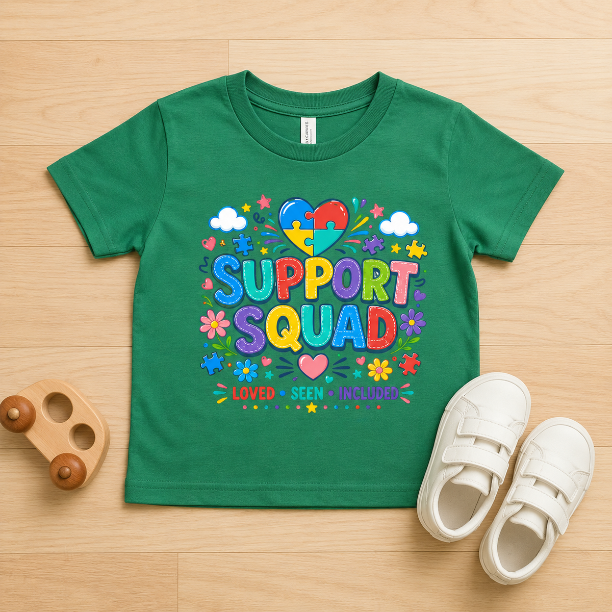 Toddler Tee — "Support Squad" Colorful Autism Awareness Kids Shirt (Loved • Seen • Included)