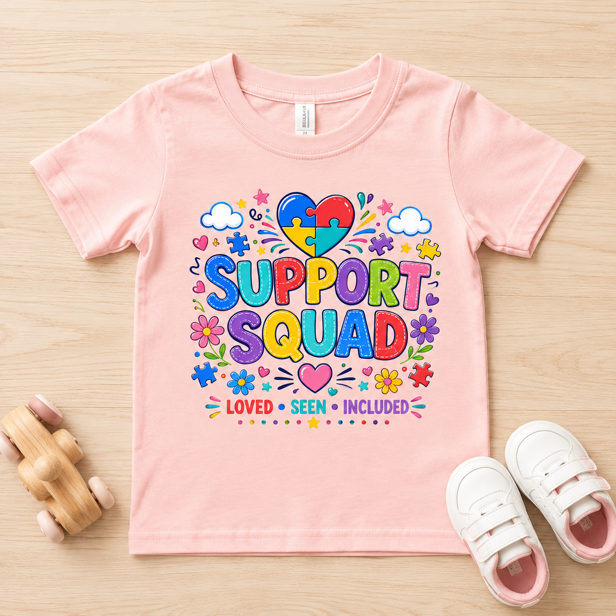 Toddler Tee — "Support Squad" Colorful Autism Awareness Kids Shirt (Loved • Seen • Included)