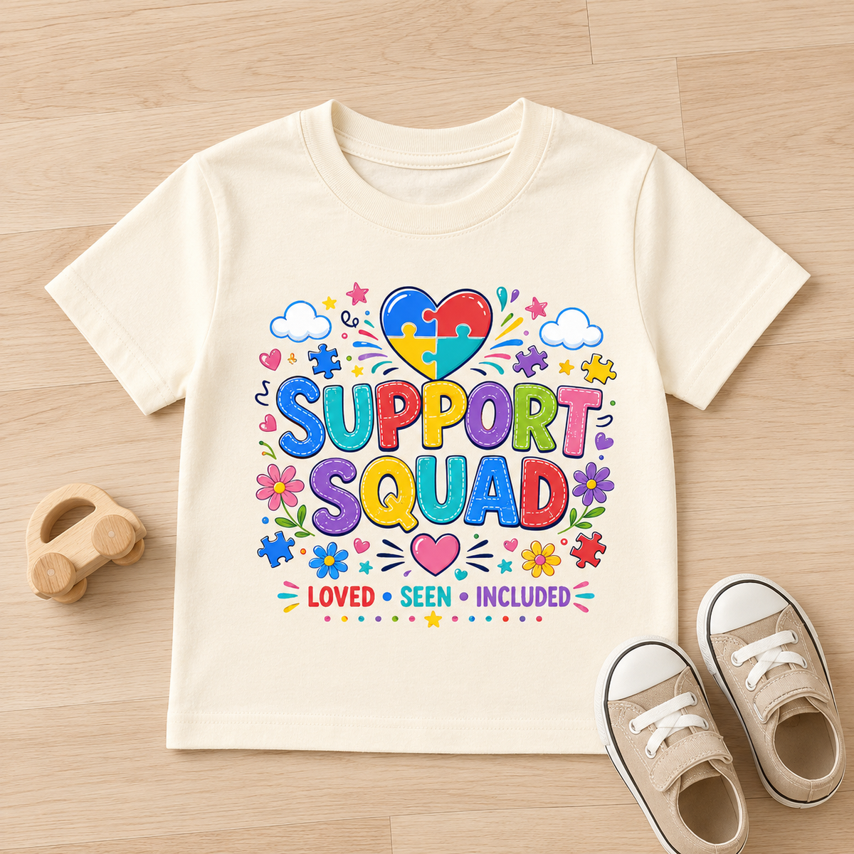 Toddler Tee — "Support Squad" Colorful Autism Awareness Kids Shirt (Loved • Seen • Included)