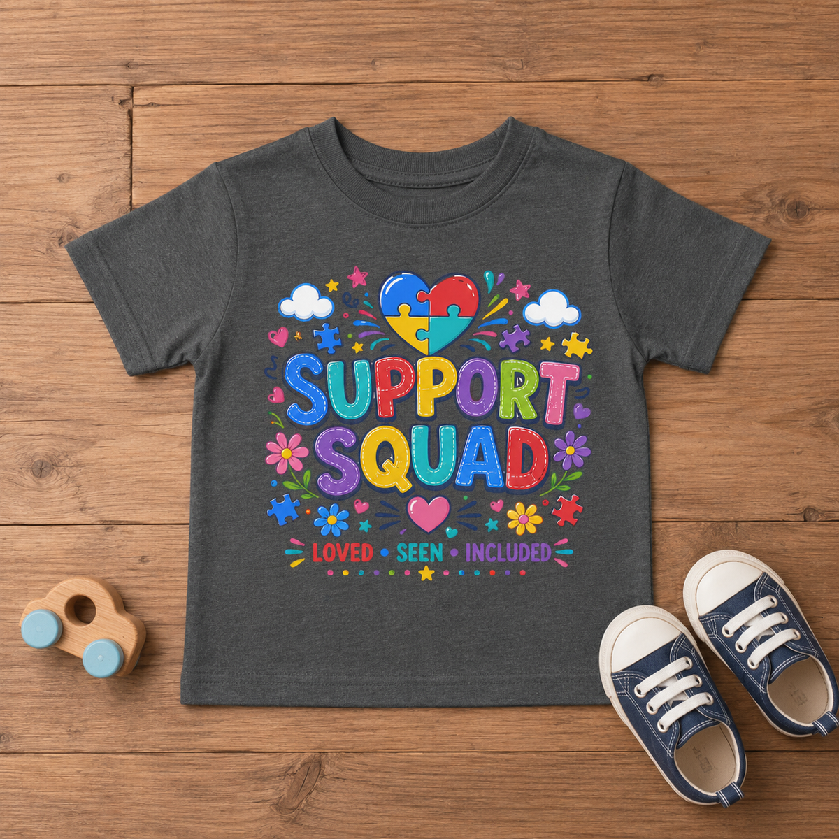 Toddler Tee — "Support Squad" Colorful Autism Awareness Kids Shirt (Loved • Seen • Included)