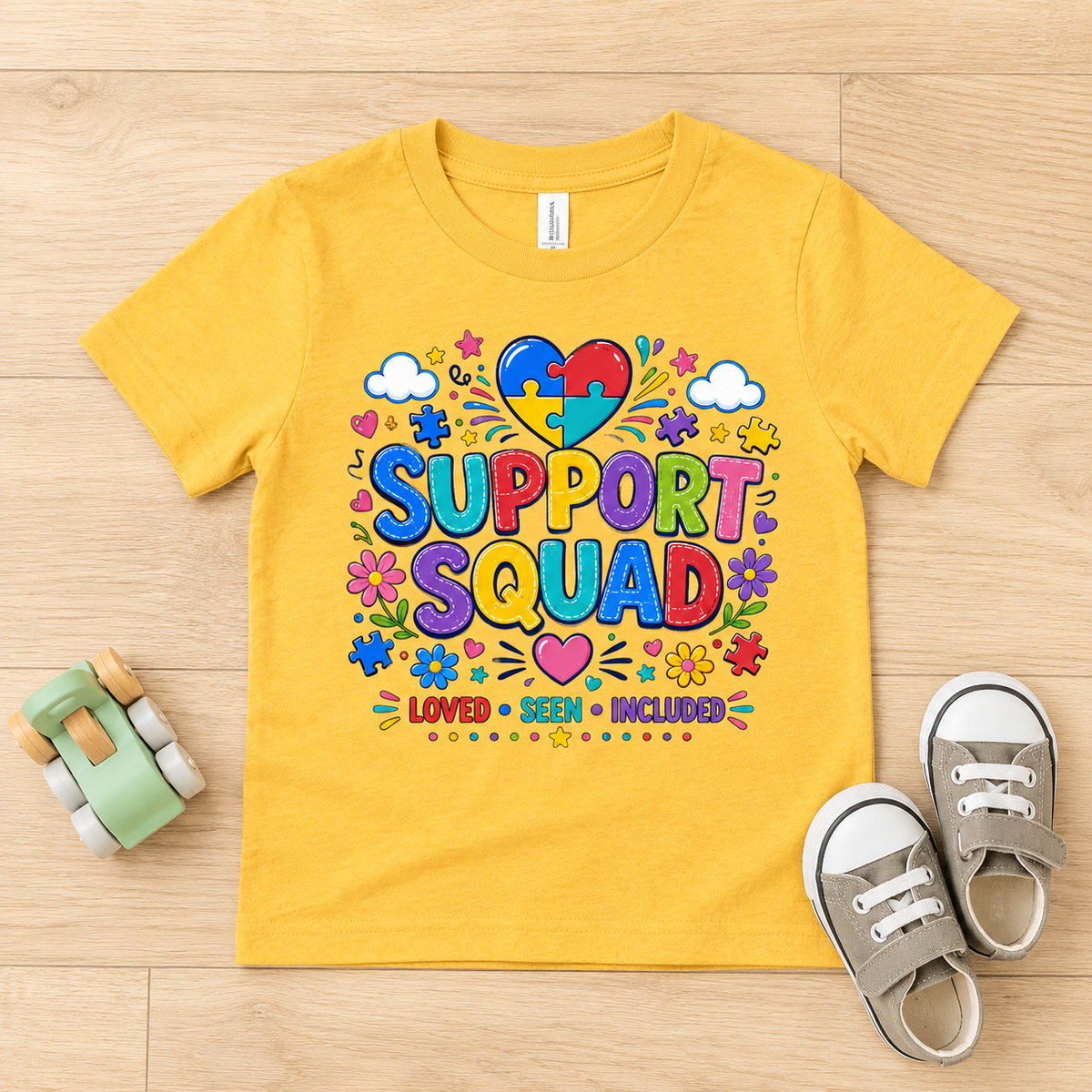Toddler Tee — "Support Squad" Colorful Autism Awareness Kids Shirt (Loved • Seen • Included)