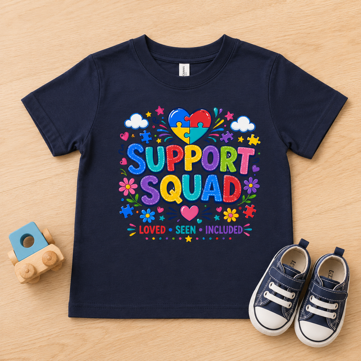 Toddler Tee — "Support Squad" Colorful Autism Awareness Kids Shirt (Loved • Seen • Included)