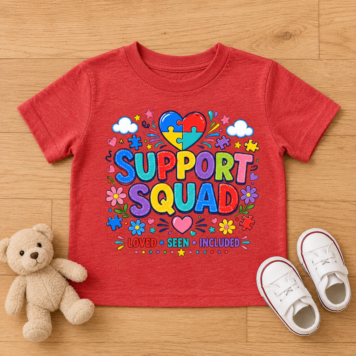 Toddler Tee — "Support Squad" Colorful Autism Awareness Kids Shirt (Loved • Seen • Included)