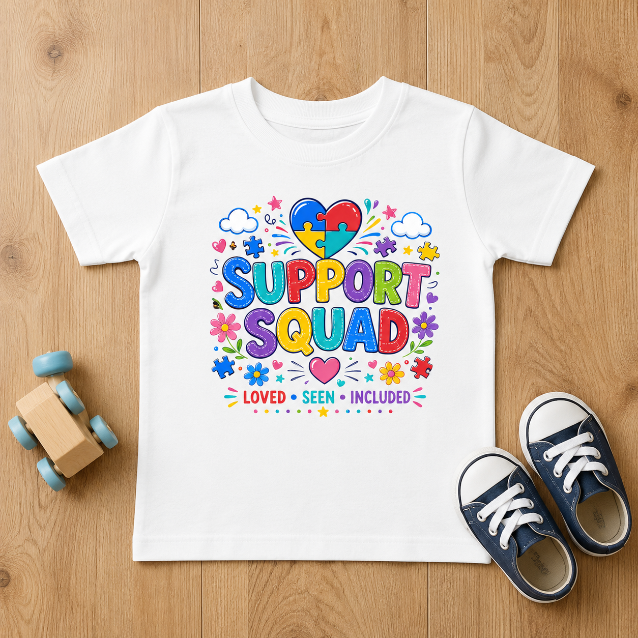 Support Squad Toddler Tee — Colorful Autism Awareness Kids Shirt (Loved • Seen • Included)