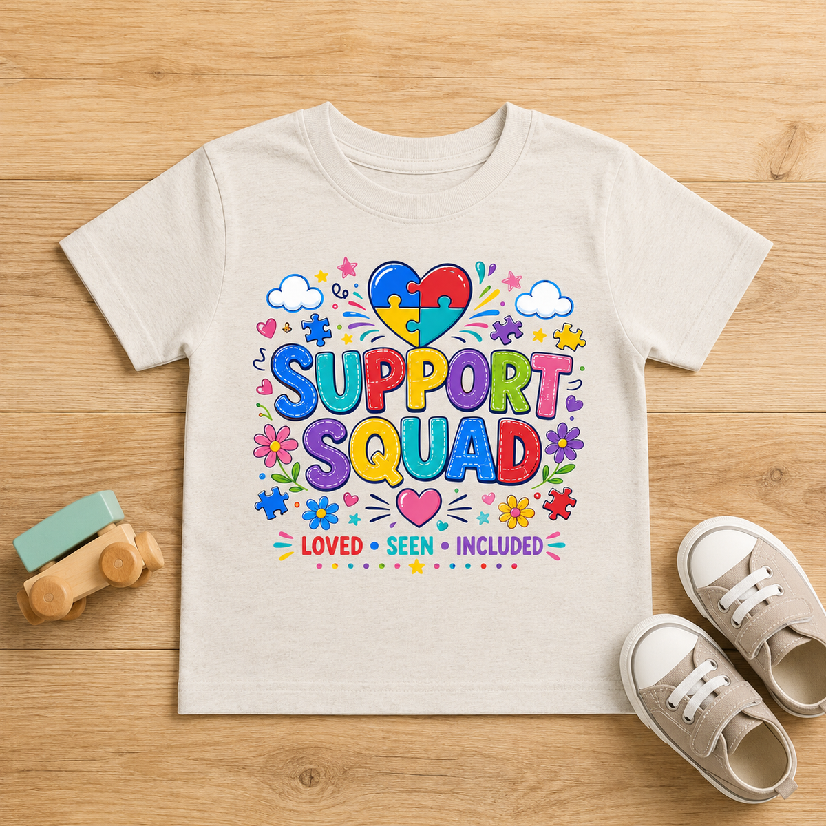 Toddler Tee — "Support Squad" Colorful Autism Awareness Kids Shirt (Loved • Seen • Included)