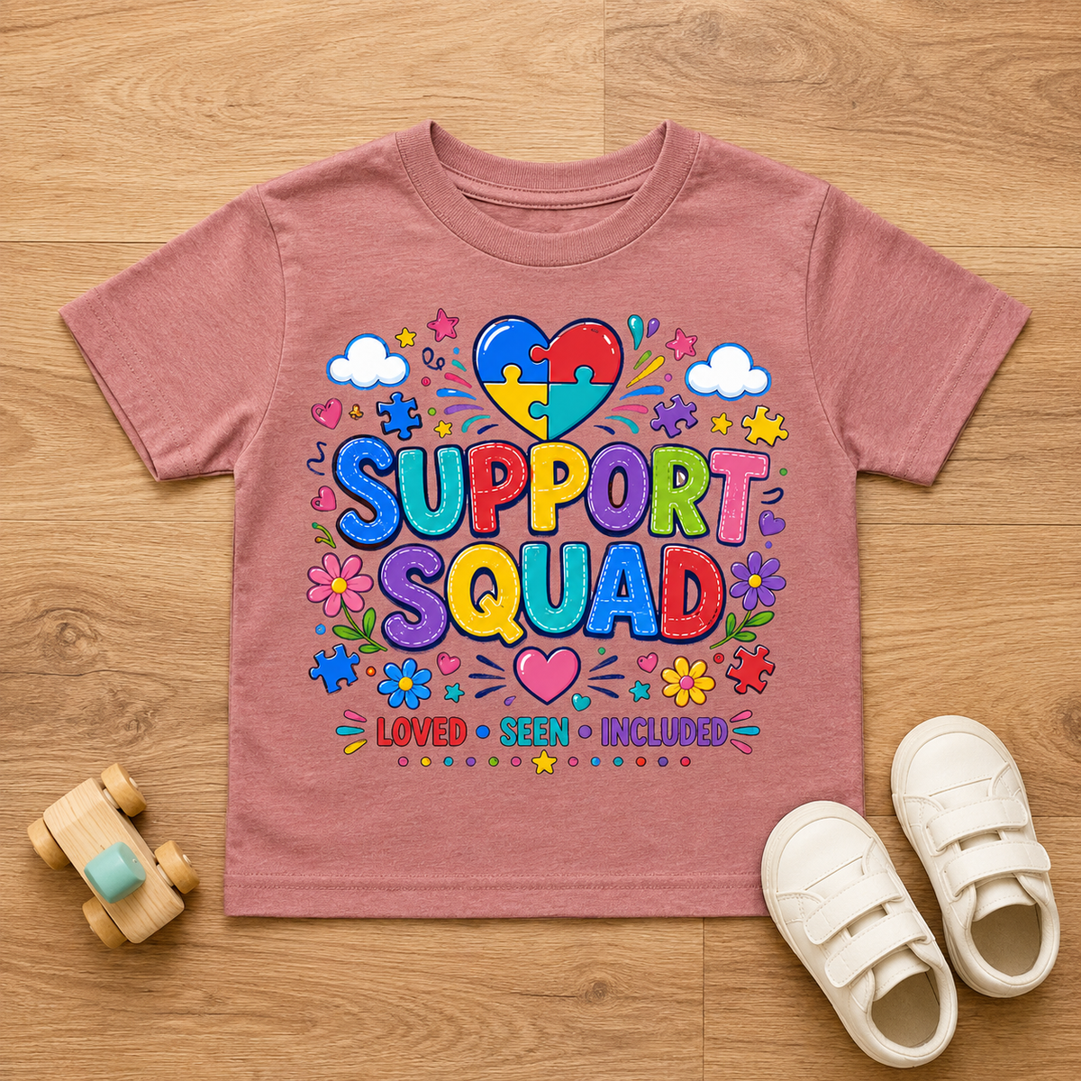 Toddler Tee — "Support Squad" Colorful Autism Awareness Kids Shirt (Loved • Seen • Included)