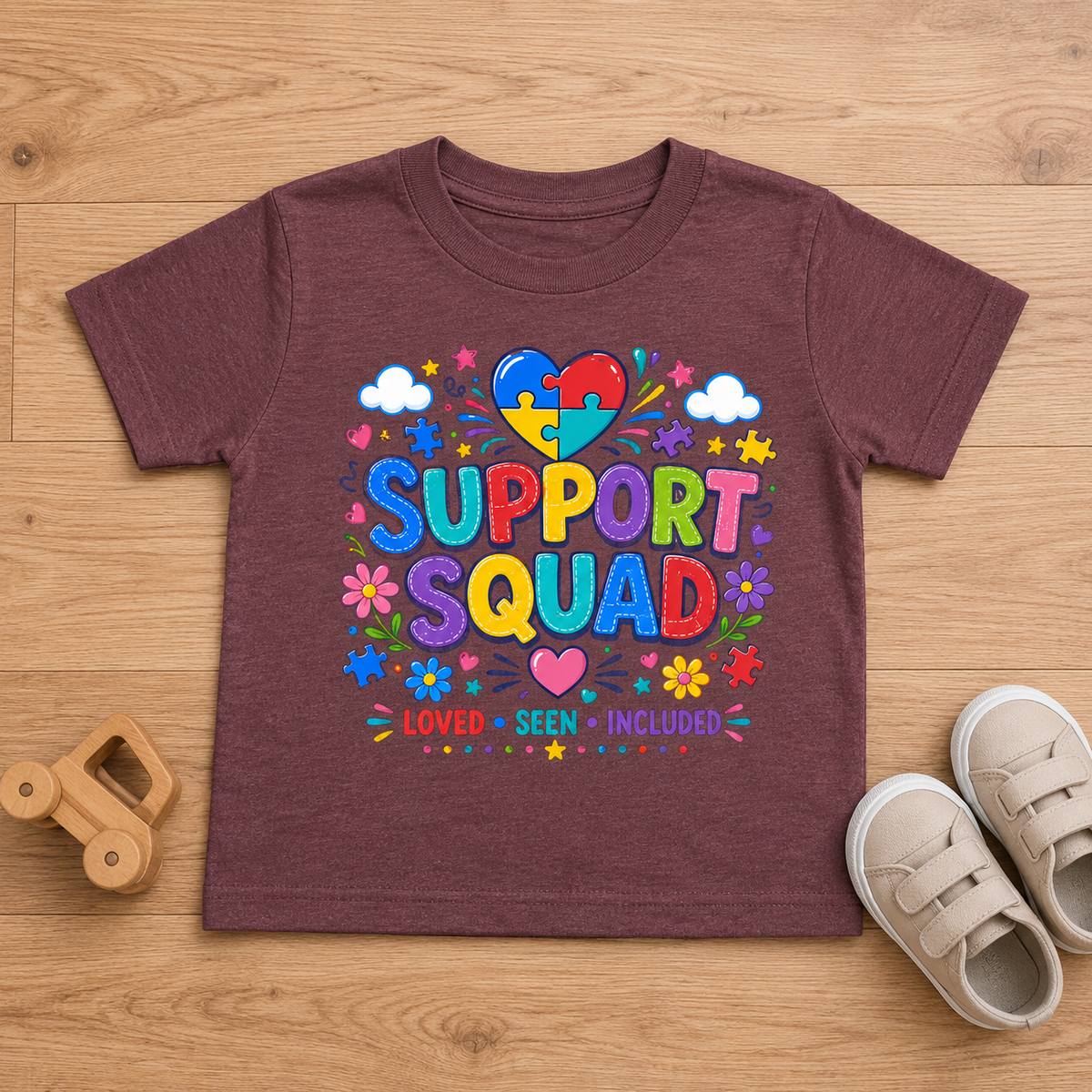 Toddler Tee — "Support Squad" Colorful Autism Awareness Kids Shirt (Loved • Seen • Included)