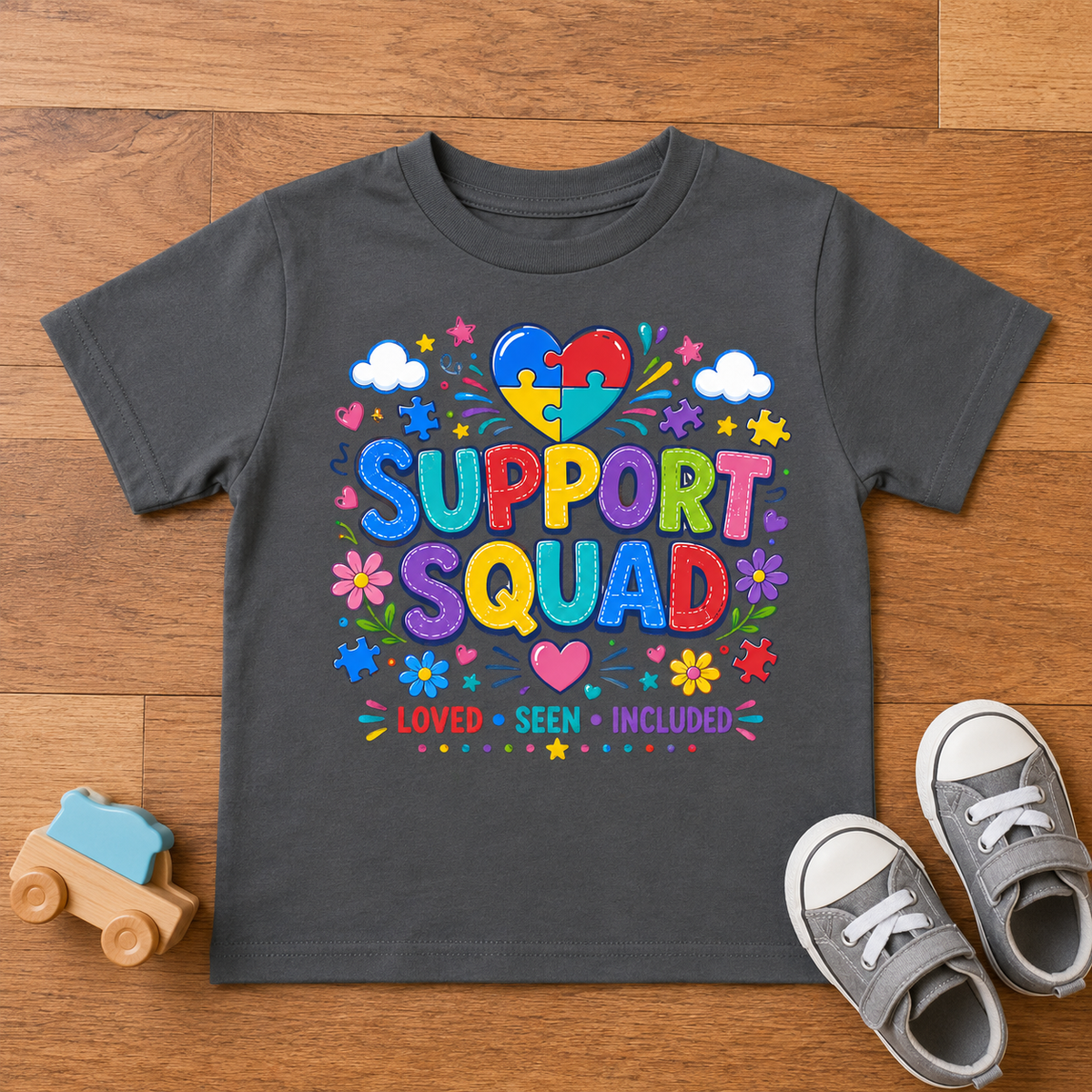 Toddler Tee — "Support Squad" Colorful Autism Awareness Kids Shirt (Loved • Seen • Included)