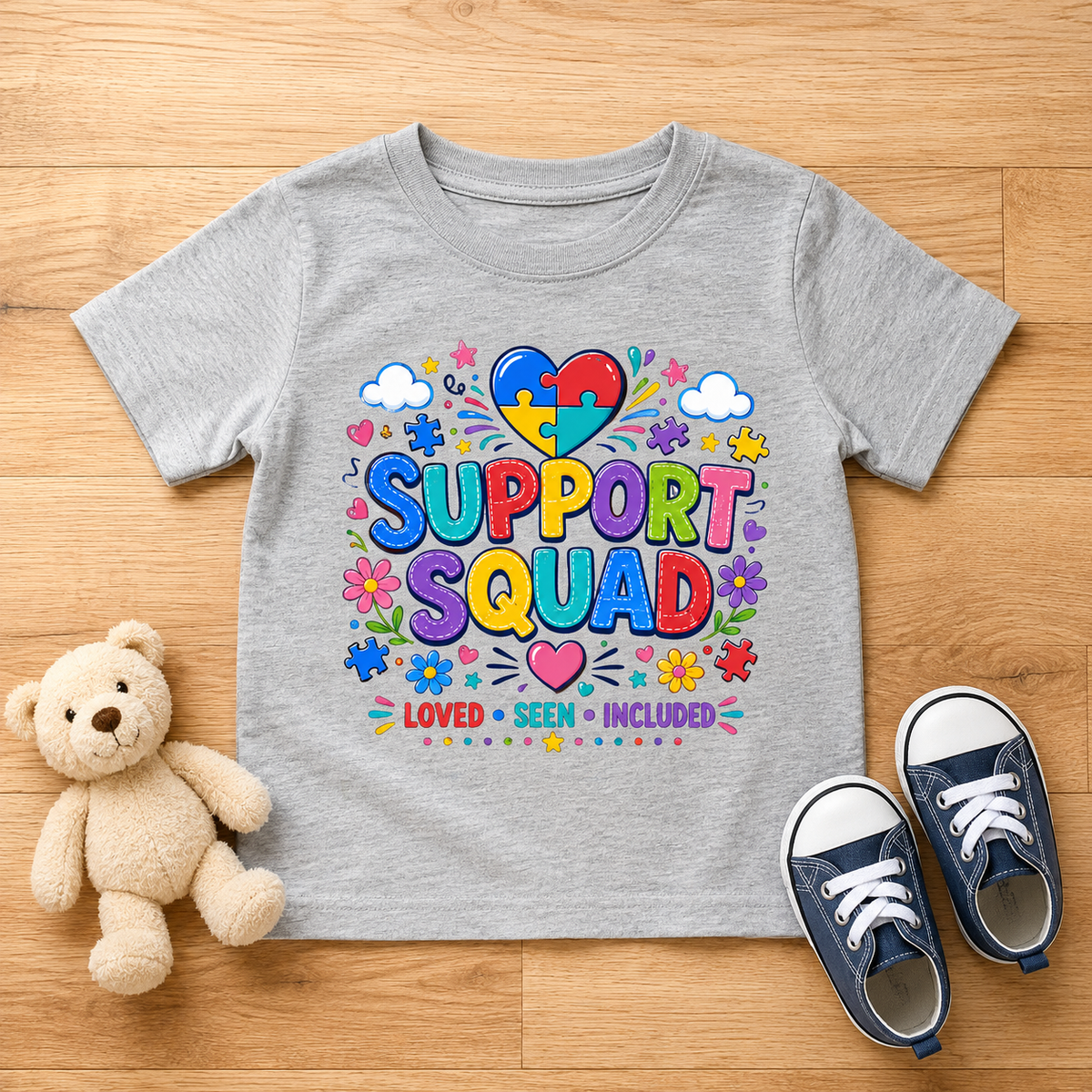 Toddler Tee — "Support Squad" Colorful Autism Awareness Kids Shirt (Loved • Seen • Included)