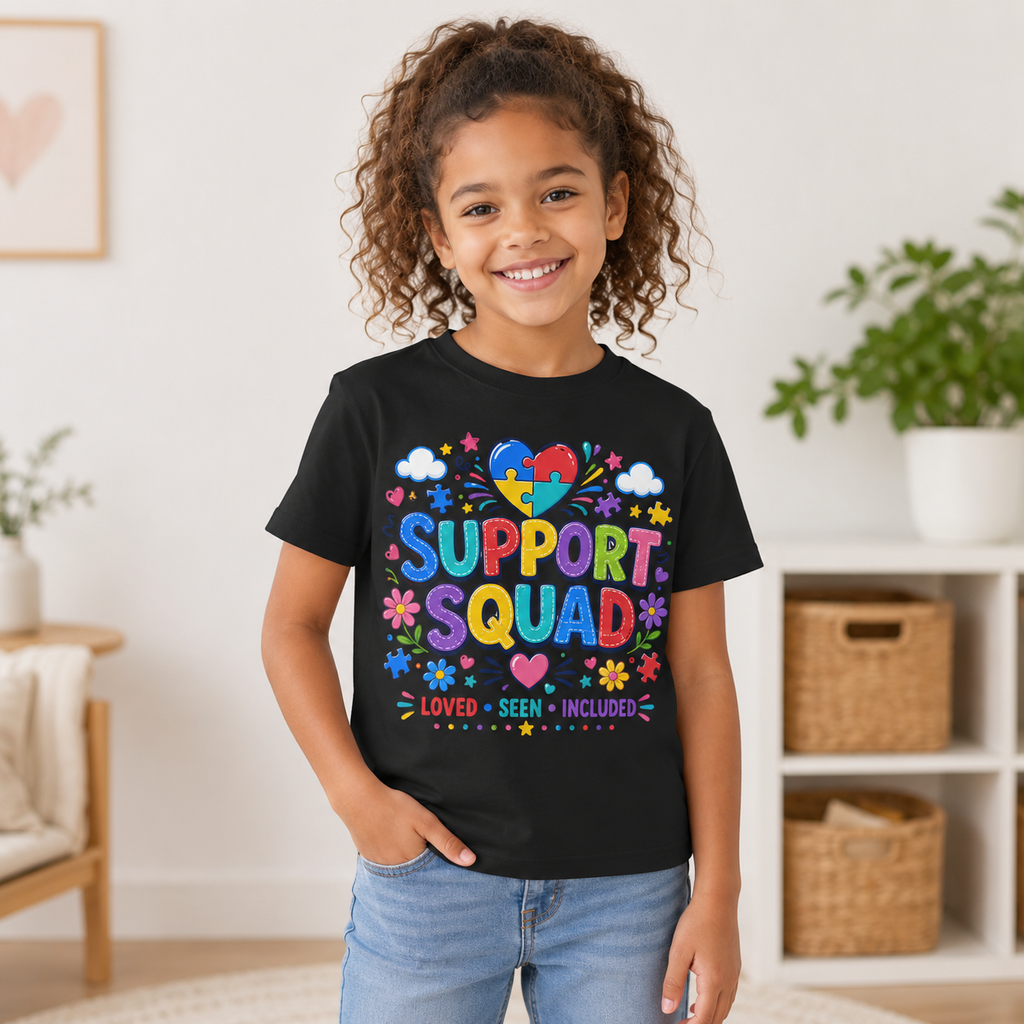 Support Squad Youth Tee — Autism Awareness Puzzle Heart Kids Shirt (Loved • Seen • Included)