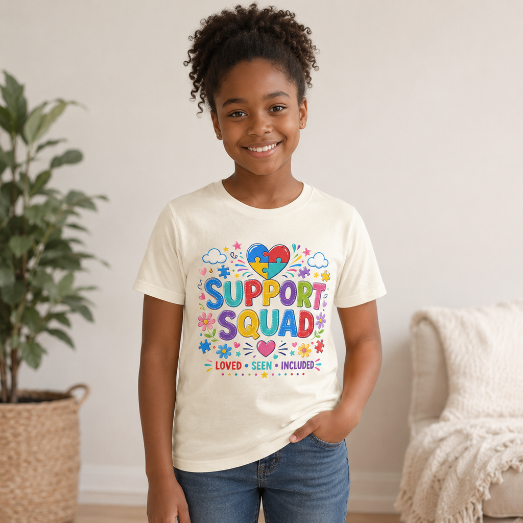 Support Squad Youth Tee — Autism Awareness Puzzle Heart Kids Shirt (Loved • Seen • Included)