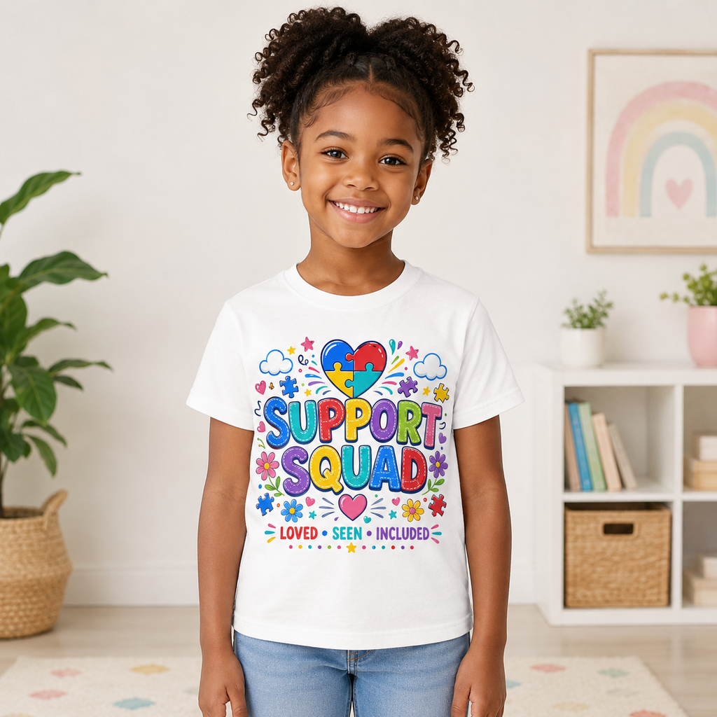 Support Squad Youth Tee — Autism Awareness Puzzle Heart Kids Shirt (Loved • Seen • Included)