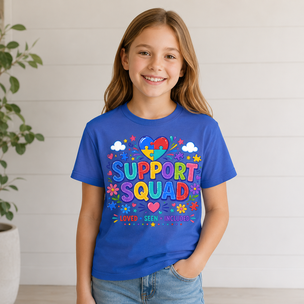 Support Squad Youth Tee — Autism Awareness Puzzle Heart Kids Shirt (Loved • Seen • Included)