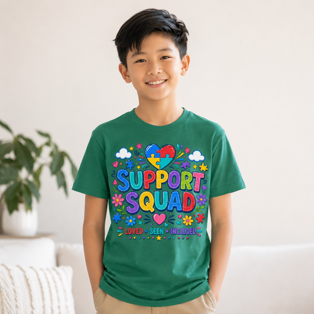 Support Squad Youth Tee — Autism Awareness Puzzle Heart Kids Shirt (Loved • Seen • Included)