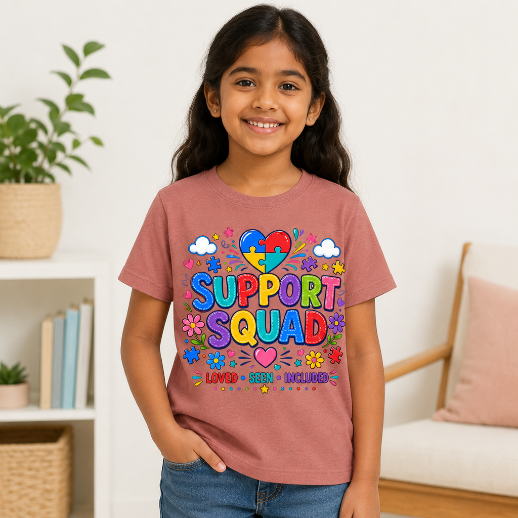 Support Squad Youth Tee — Autism Awareness Puzzle Heart Kids Shirt (Loved • Seen • Included)
