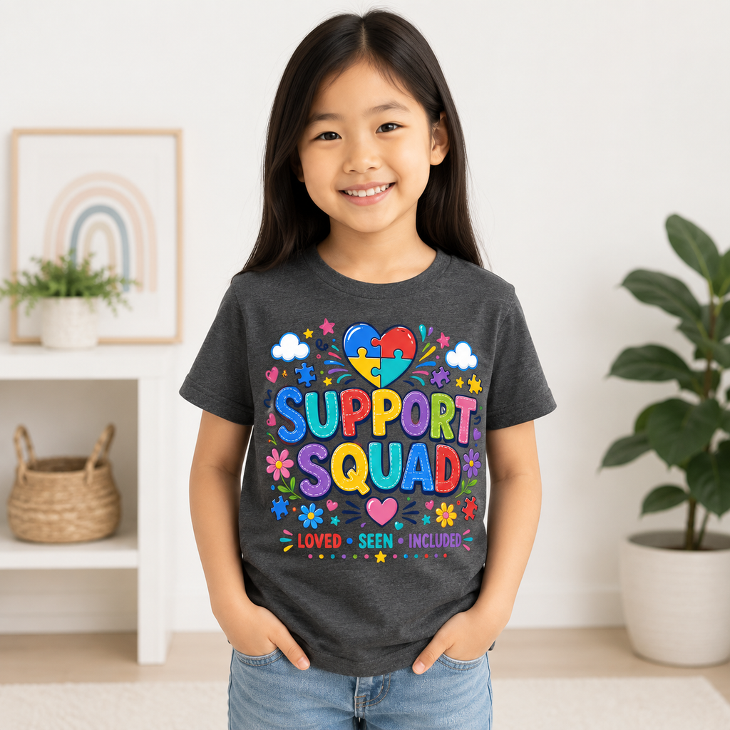 Support Squad Youth Tee — Autism Awareness Puzzle Heart Kids Shirt (Loved • Seen • Included)