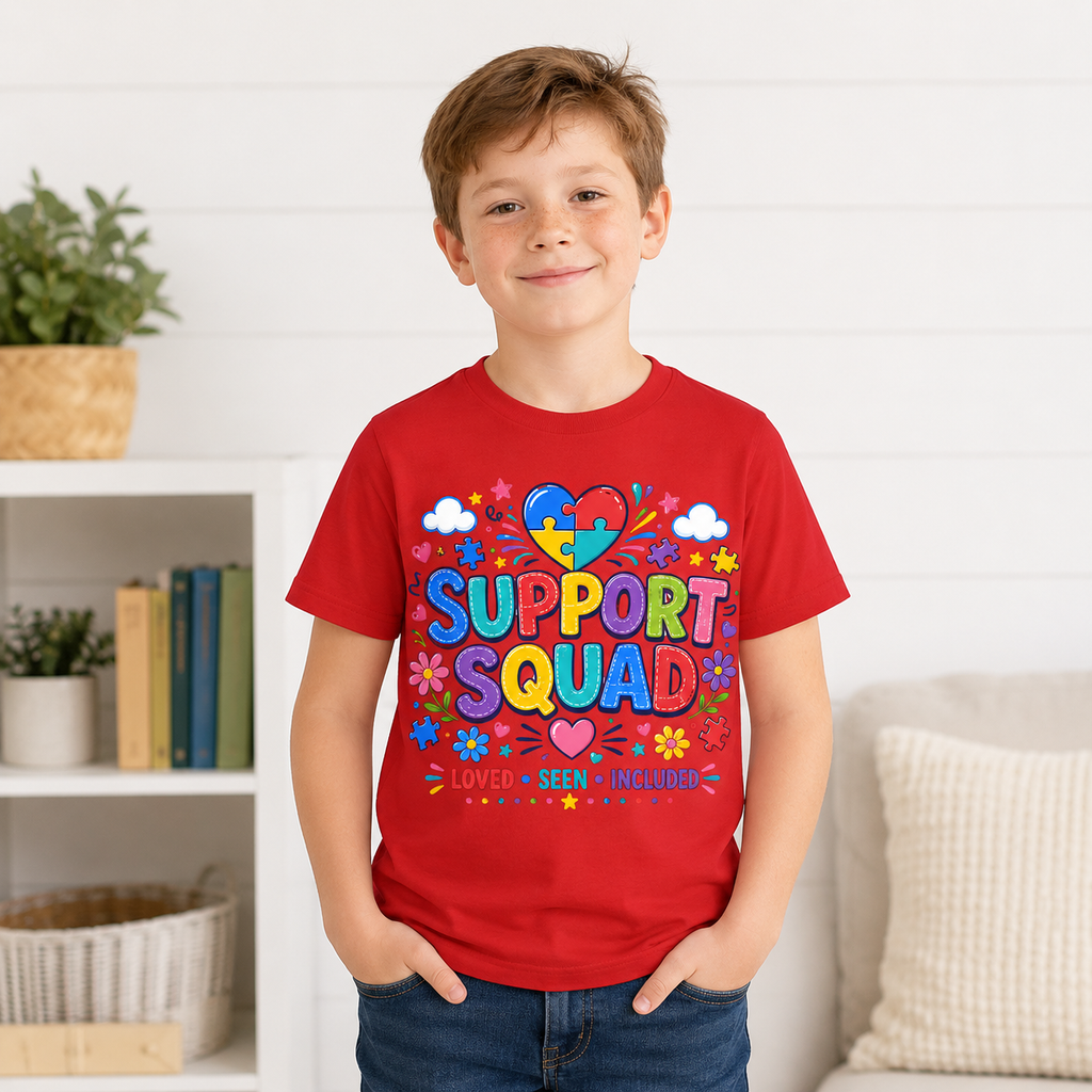 Support Squad Youth Tee — Autism Awareness Puzzle Heart Kids Shirt (Loved • Seen • Included)