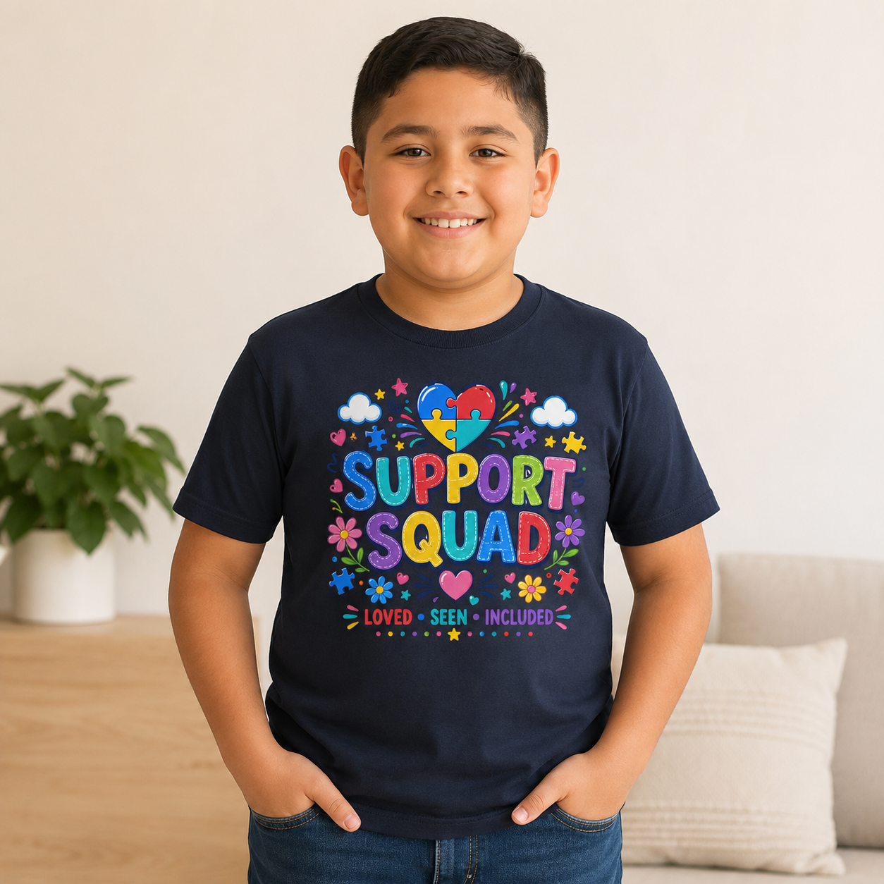 Support Squad Youth Tee — Autism Awareness Puzzle Heart Kids Shirt (Loved • Seen • Included)