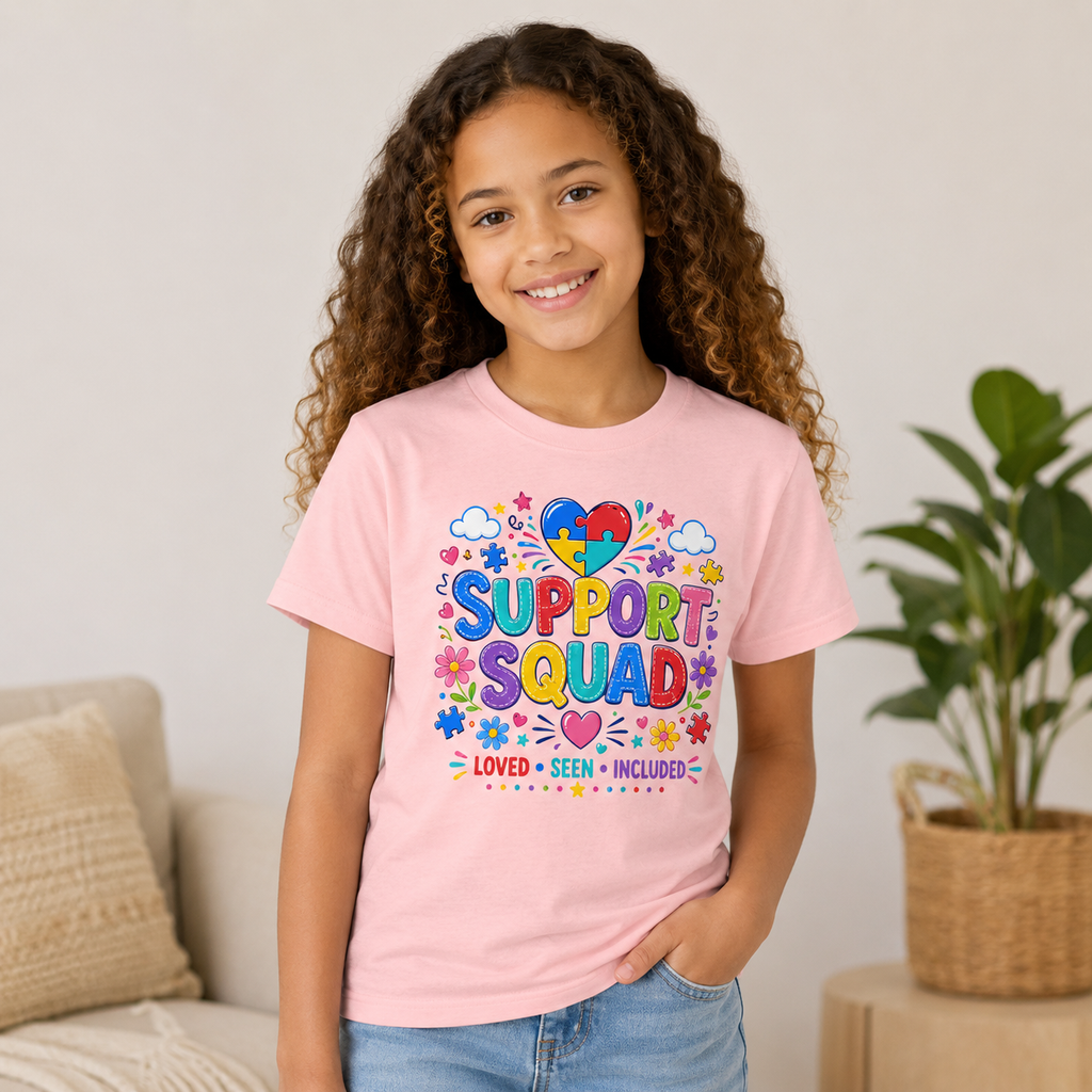 Support Squad Youth Tee — Autism Awareness Puzzle Heart Kids Shirt (Loved • Seen • Included)