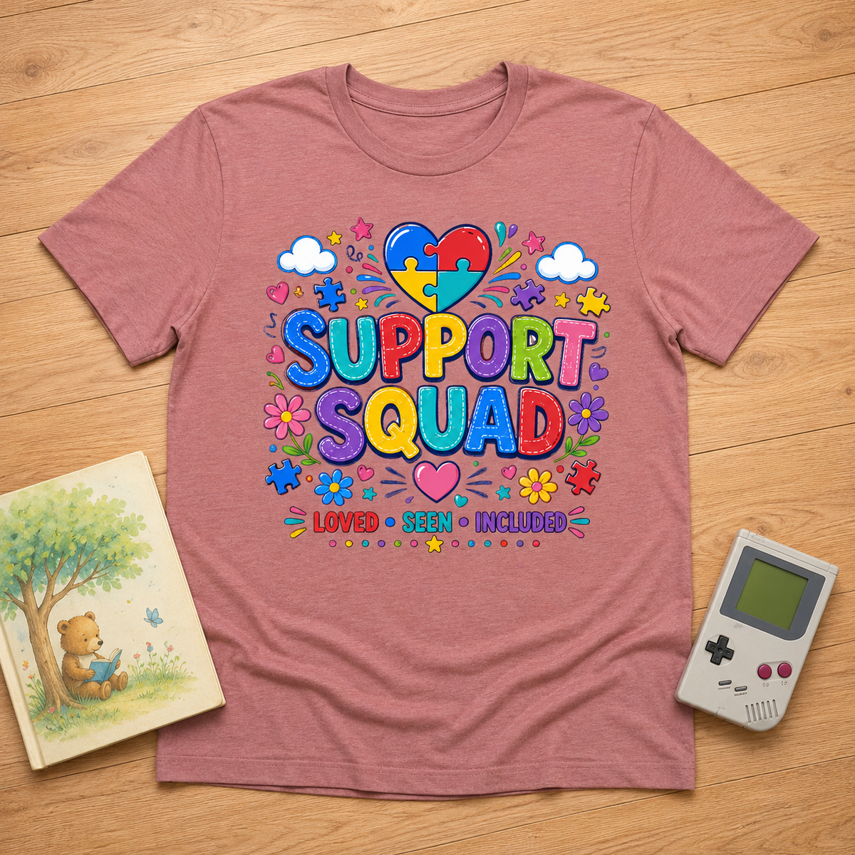 Youth Tee — "Support Squad" Autism Awareness Puzzle Heart Kids Shirt (Loved • Seen • Included)