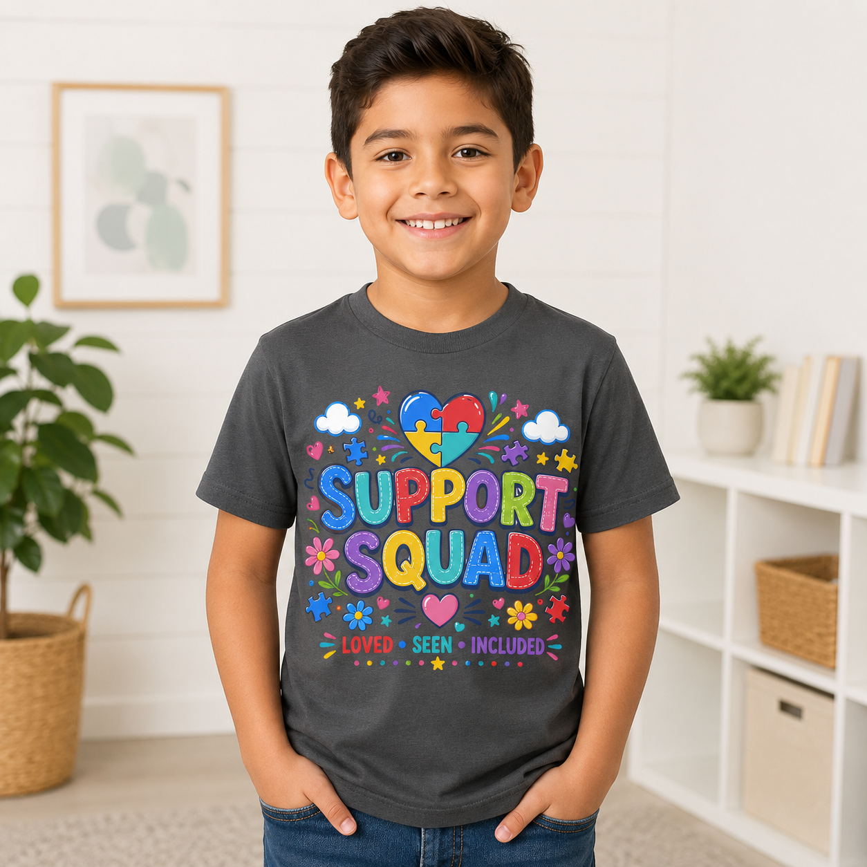 Support Squad Youth Tee — Autism Awareness Puzzle Heart Kids Shirt (Loved • Seen • Included)