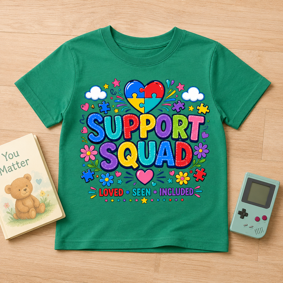 Youth Tee — "Support Squad" Autism Awareness Puzzle Heart Kids Shirt (Loved • Seen • Included)