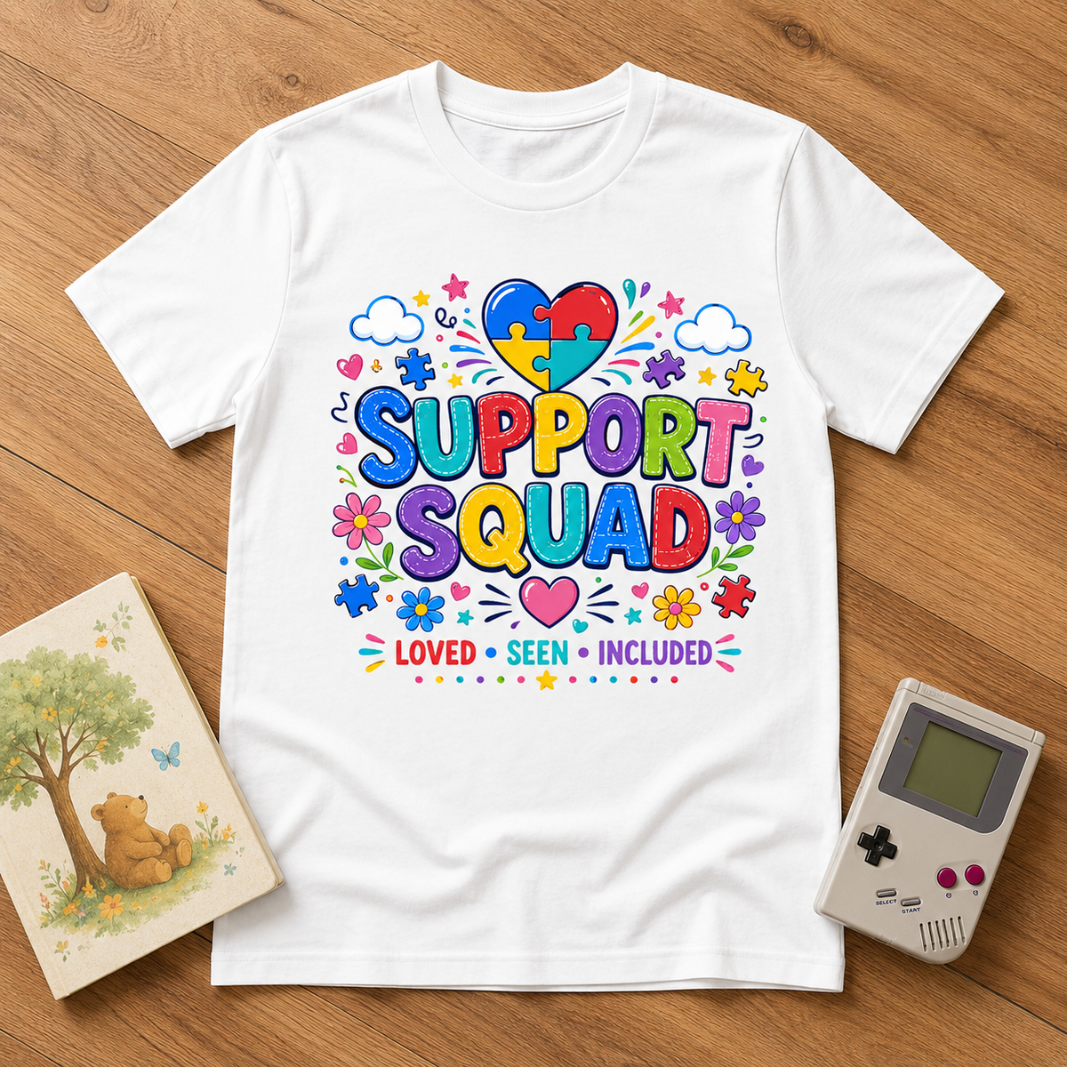 Youth Tee — "Support Squad" Autism Awareness Puzzle Heart Kids Shirt (Loved • Seen • Included)