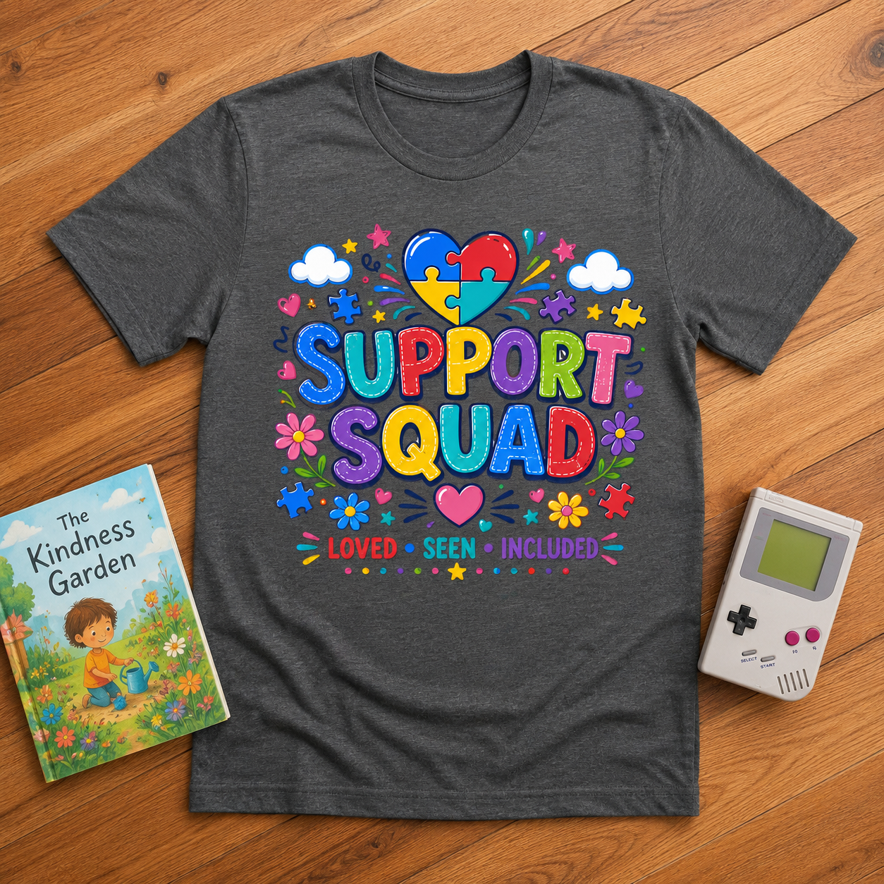 Support Squad Youth Tee — Autism Awareness Puzzle Heart Kids Shirt (Loved • Seen • Included)