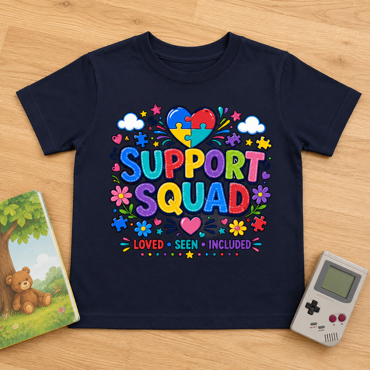 Youth Tee — "Support Squad" Autism Awareness Puzzle Heart Kids Shirt (Loved • Seen • Included)