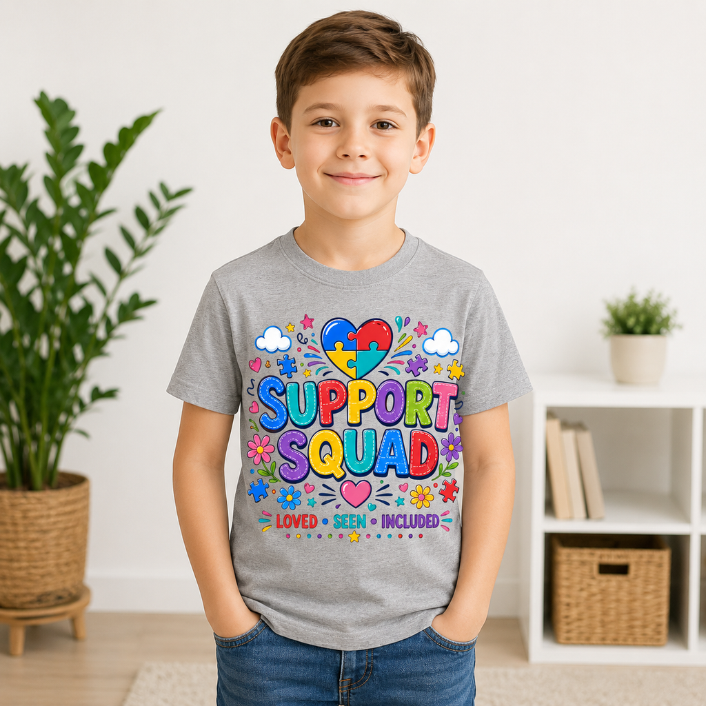 Support Squad Youth Tee — Autism Awareness Puzzle Heart Kids Shirt (Loved • Seen • Included)