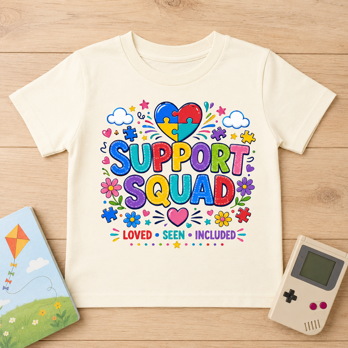 Youth Tee — "Support Squad" Autism Awareness Puzzle Heart Kids Shirt (Loved • Seen • Included)