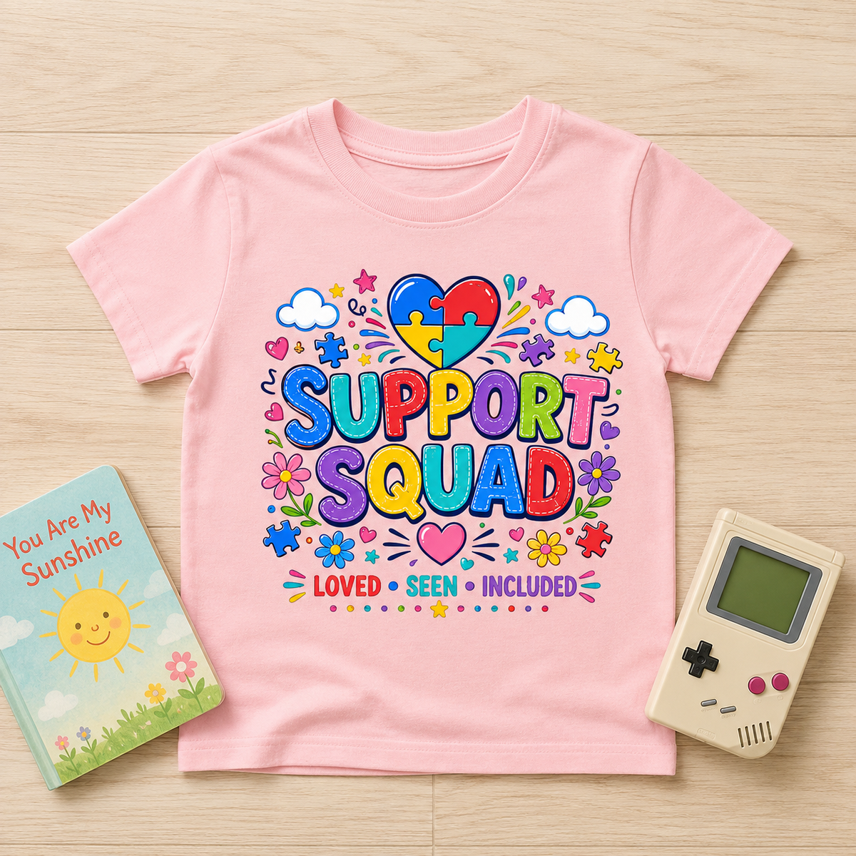 Youth Tee — "Support Squad" Autism Awareness Puzzle Heart Kids Shirt (Loved • Seen • Included)