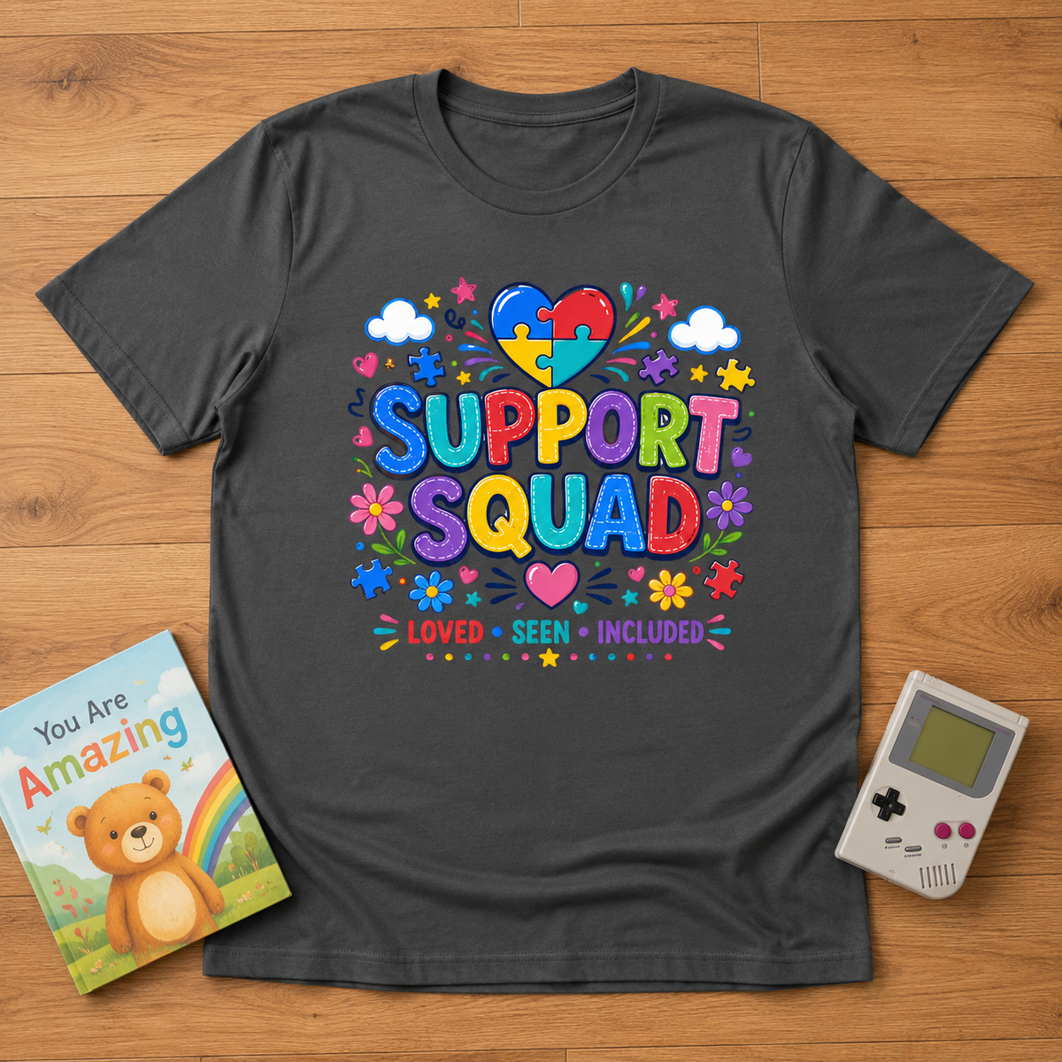 Youth Tee — "Support Squad" Autism Awareness Puzzle Heart Kids Shirt (Loved • Seen • Included)