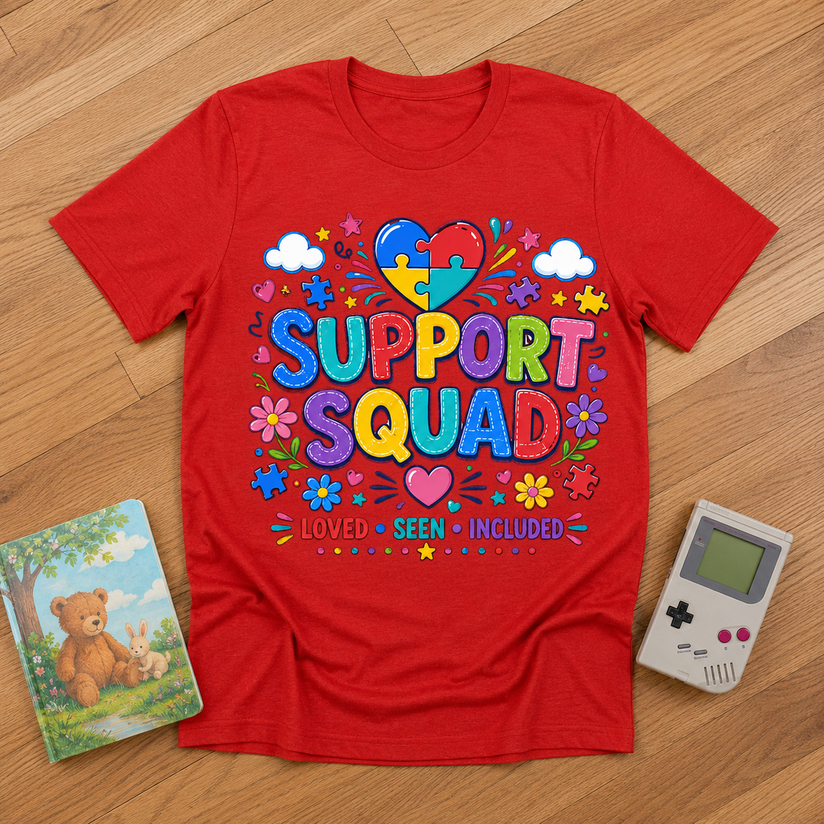 Youth Tee — "Support Squad" Autism Awareness Puzzle Heart Kids Shirt (Loved • Seen • Included)